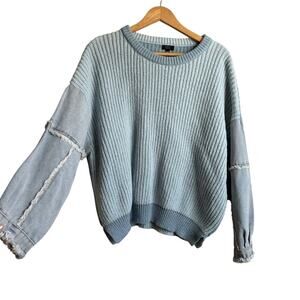 Debut Light Blue Sweater Denim Frayed Sleeve Pullover Women’s M/L